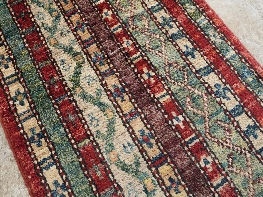 1x2 Ft Hand Knotted Heriz Rug - Red & Green Afghan Wool