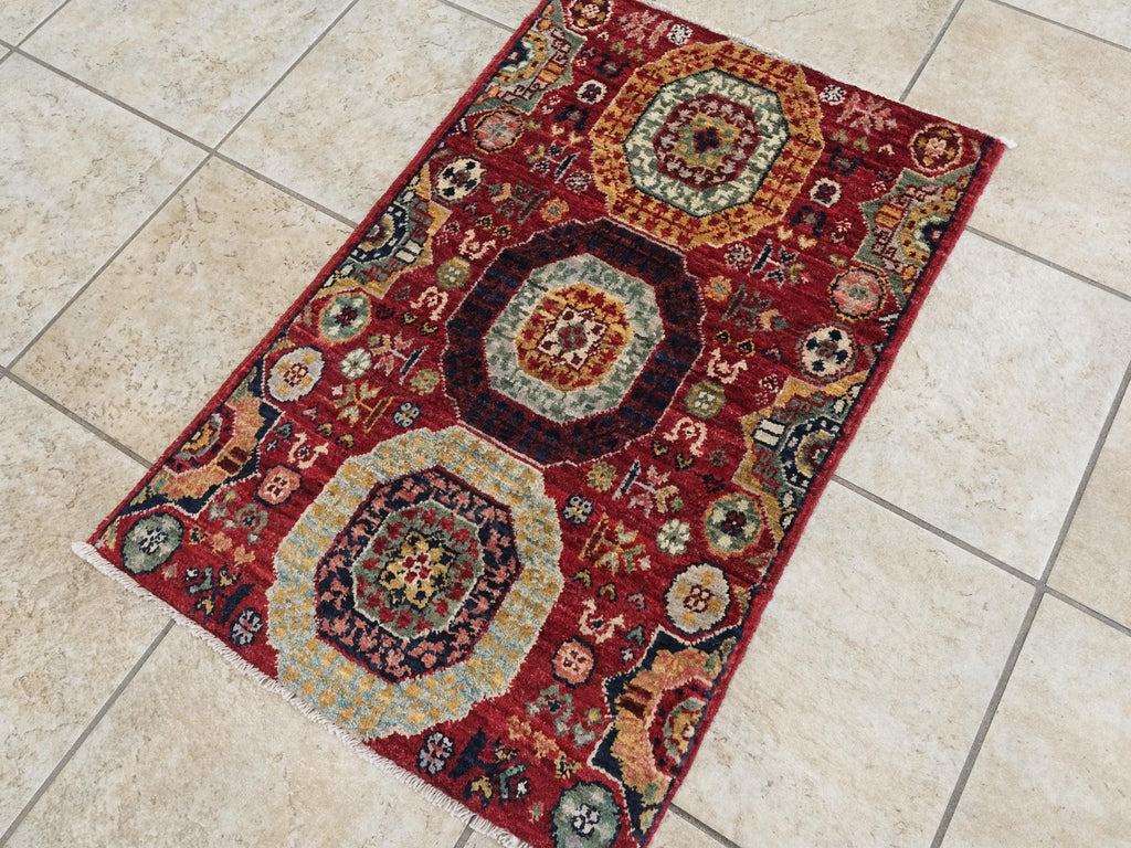 2x3 Ft Hand Knotted Red Mamluk Rug - Ghazni Wool Oriental Rug