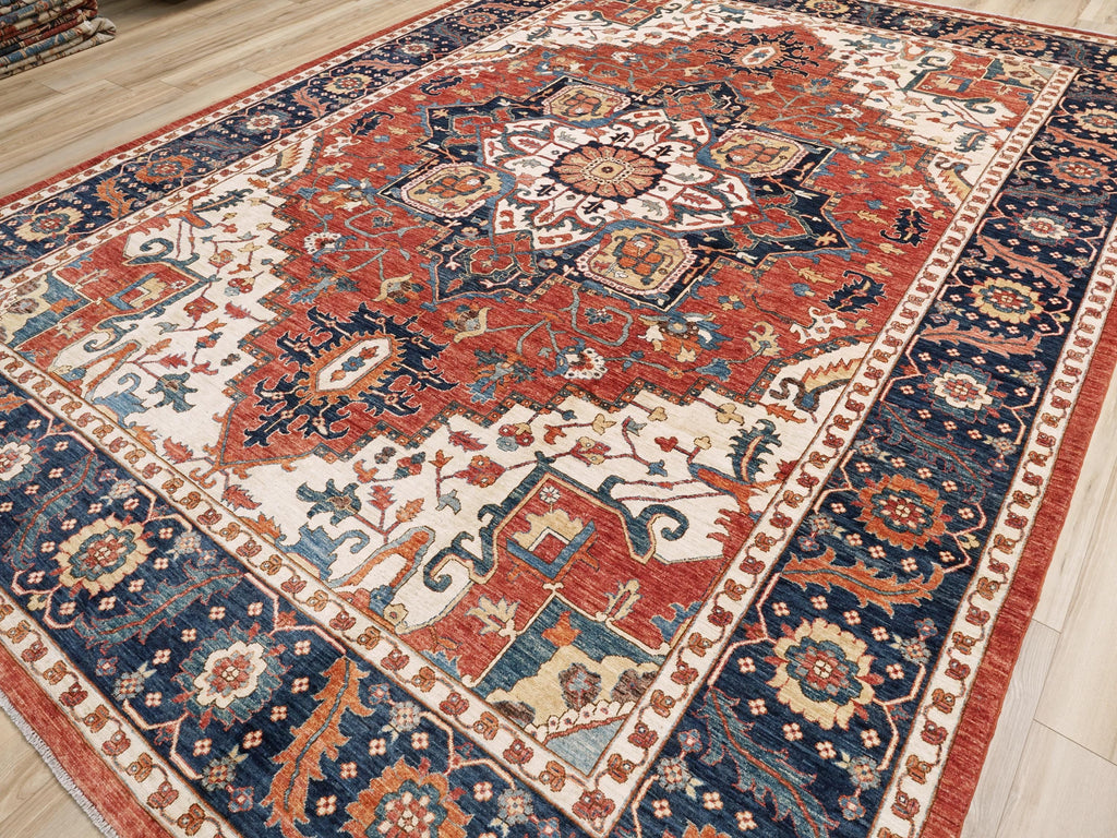 10x14 Ft Red & Blue Serapi Rug - Hand Knotted Afghan Oriental Rug - Floral Design