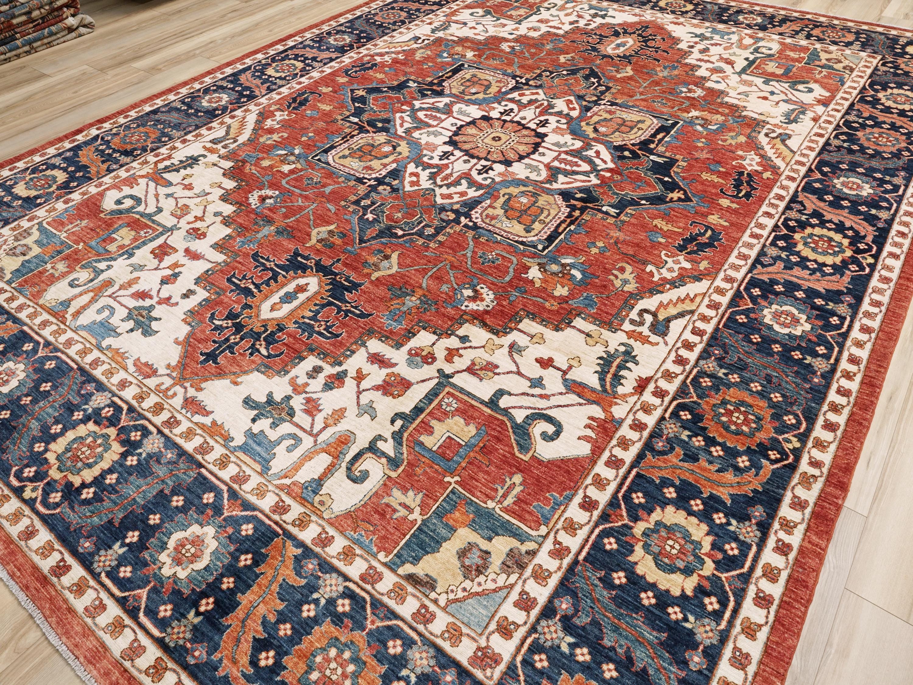 10x14 Ft Red & Blue Serapi Rug - Hand Knotted Afghan Oriental Rug - Floral Design