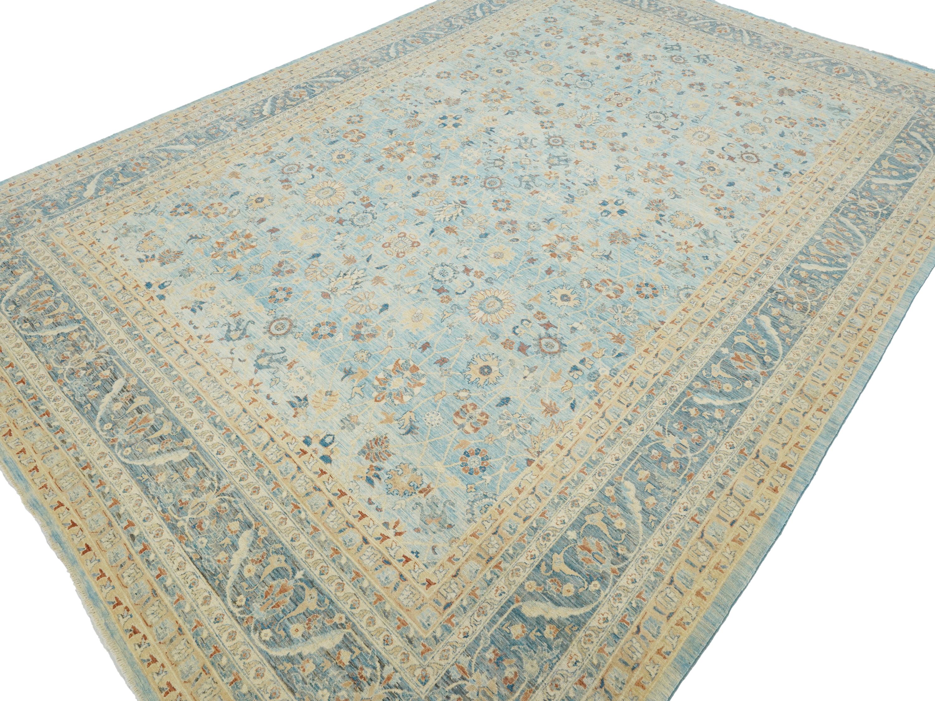 9x13 Ft Light Blue Serapi Rug - Hand Knotted Antique Rug - Persian Design