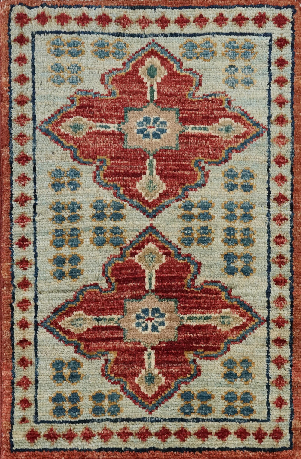 1x2 Ft Hand Knotted Heriz Rug - Blue & Red Afghan Wool