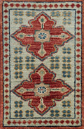 1x2 Ft Hand Knotted Heriz Rug - Blue & Red Afghan Wool