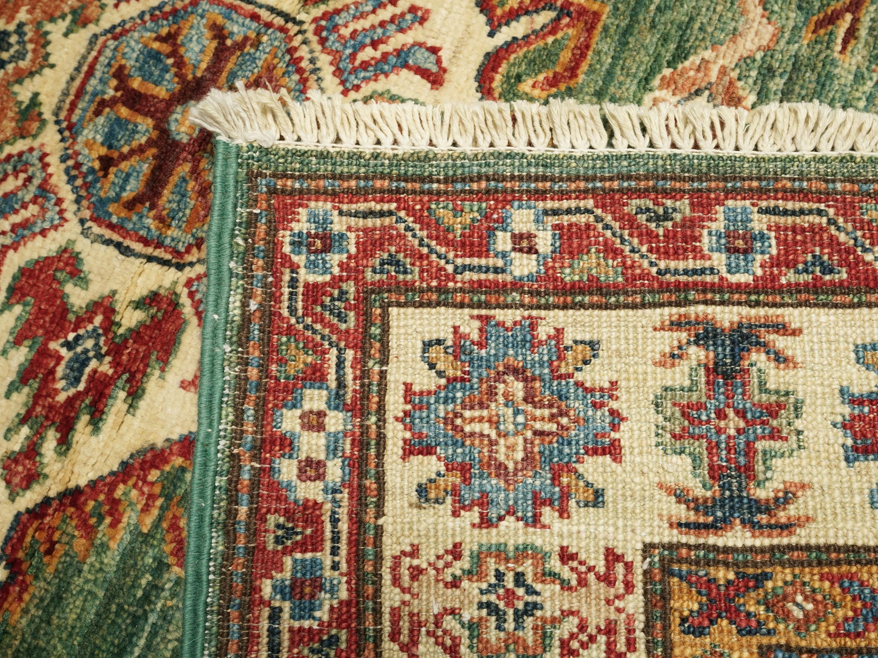 3x4 Ft Green Kazak Rug - Afghan Wool Handmade Area Rug