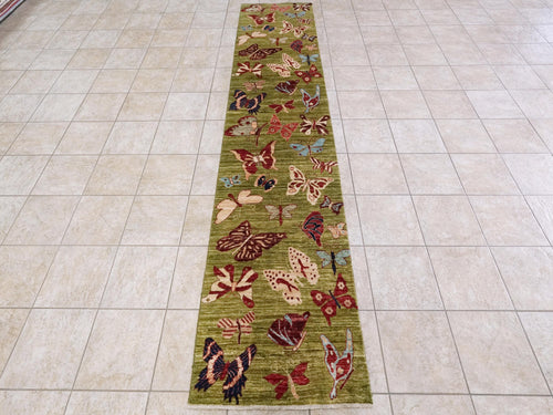 12 Ft Green Butterfly Runner Rug - Afghan Wool Hallway Rug