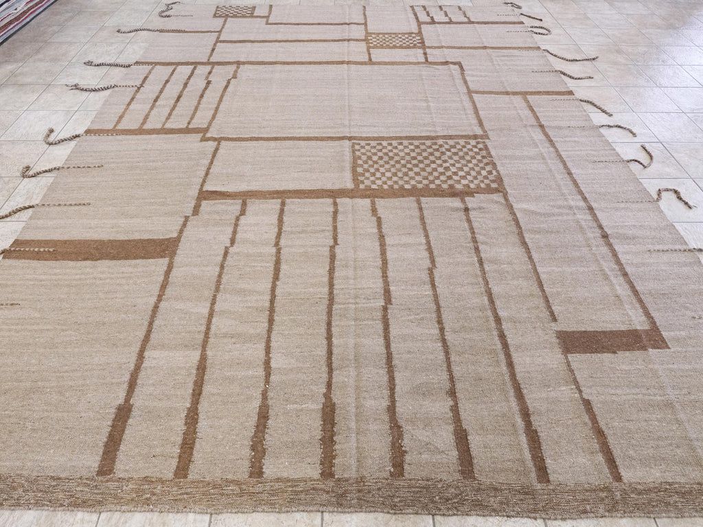 11x13 Ft Brown Kilim Rug - Handmade Afghan Wool Flatweave - Contemporary Design