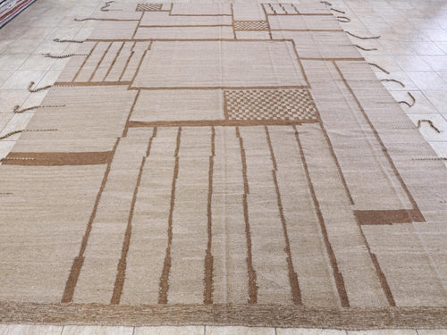 11x13 Ft Brown Kilim Rug - Handmade Afghan Wool Flatweave - Contemporary Design