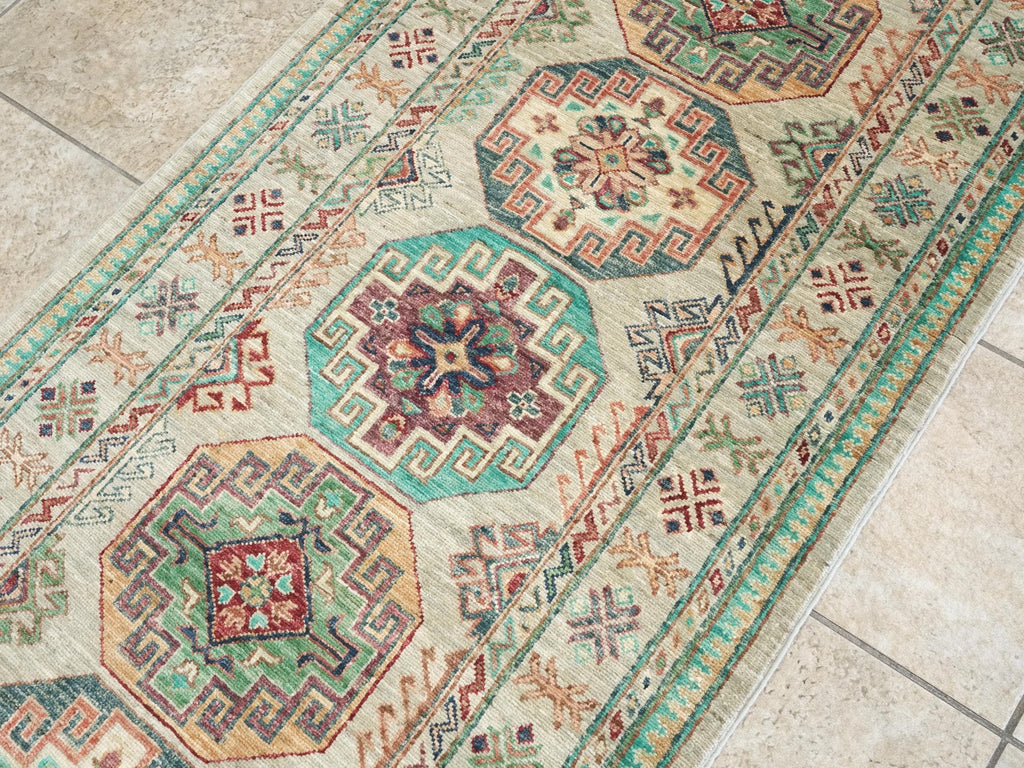 9 Ft Light Green Ersari Runner Rug - Hand Knotted Hallway Rug - Turkmen Design
