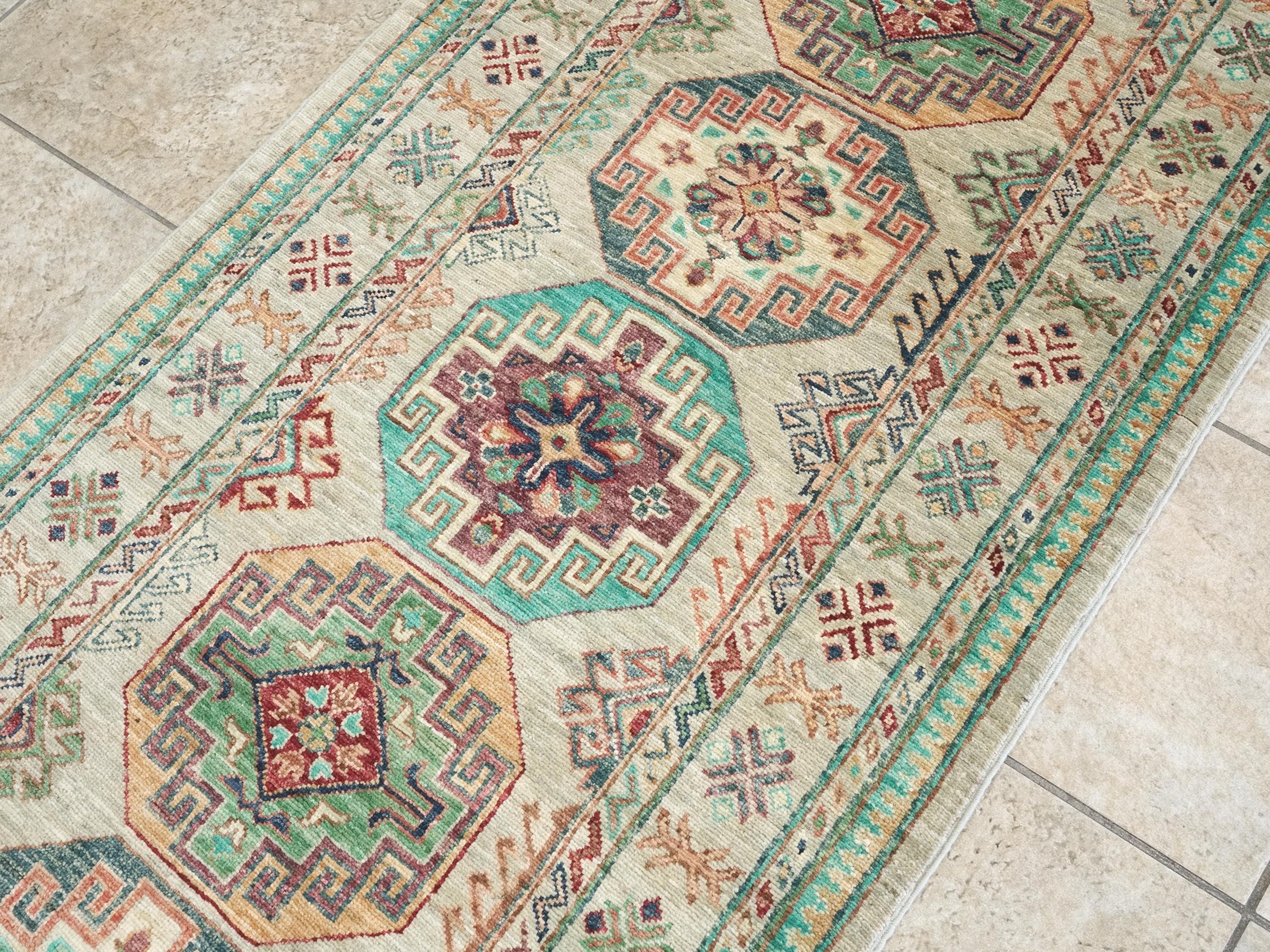 9 Ft Light Green Ersari Runner Rug - Hand Knotted Hallway Rug - Turkmen Design