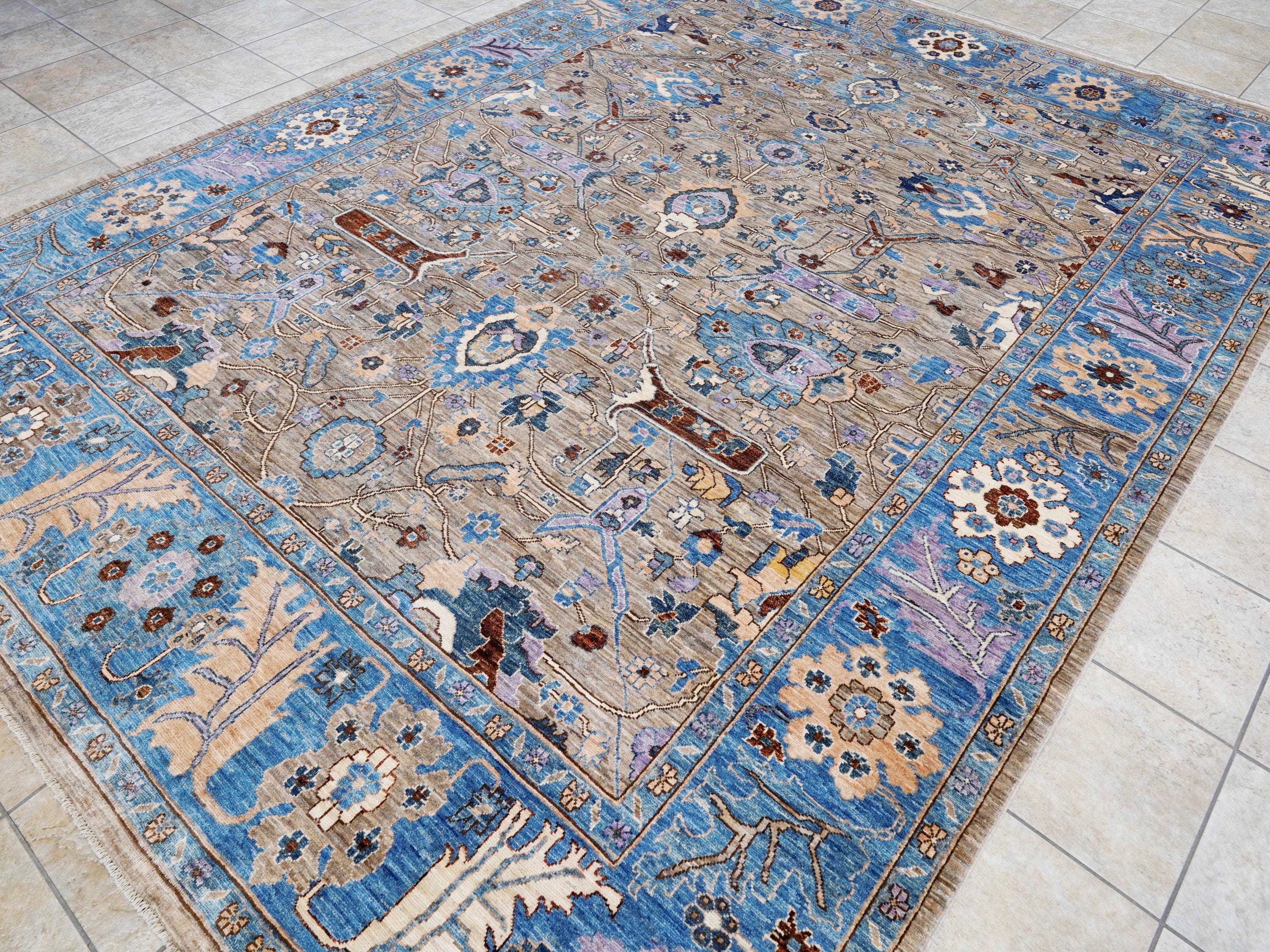 9x12 Ft Brown & Blue Serapi Rug - Hand Knotted Afghan Oriental Rug