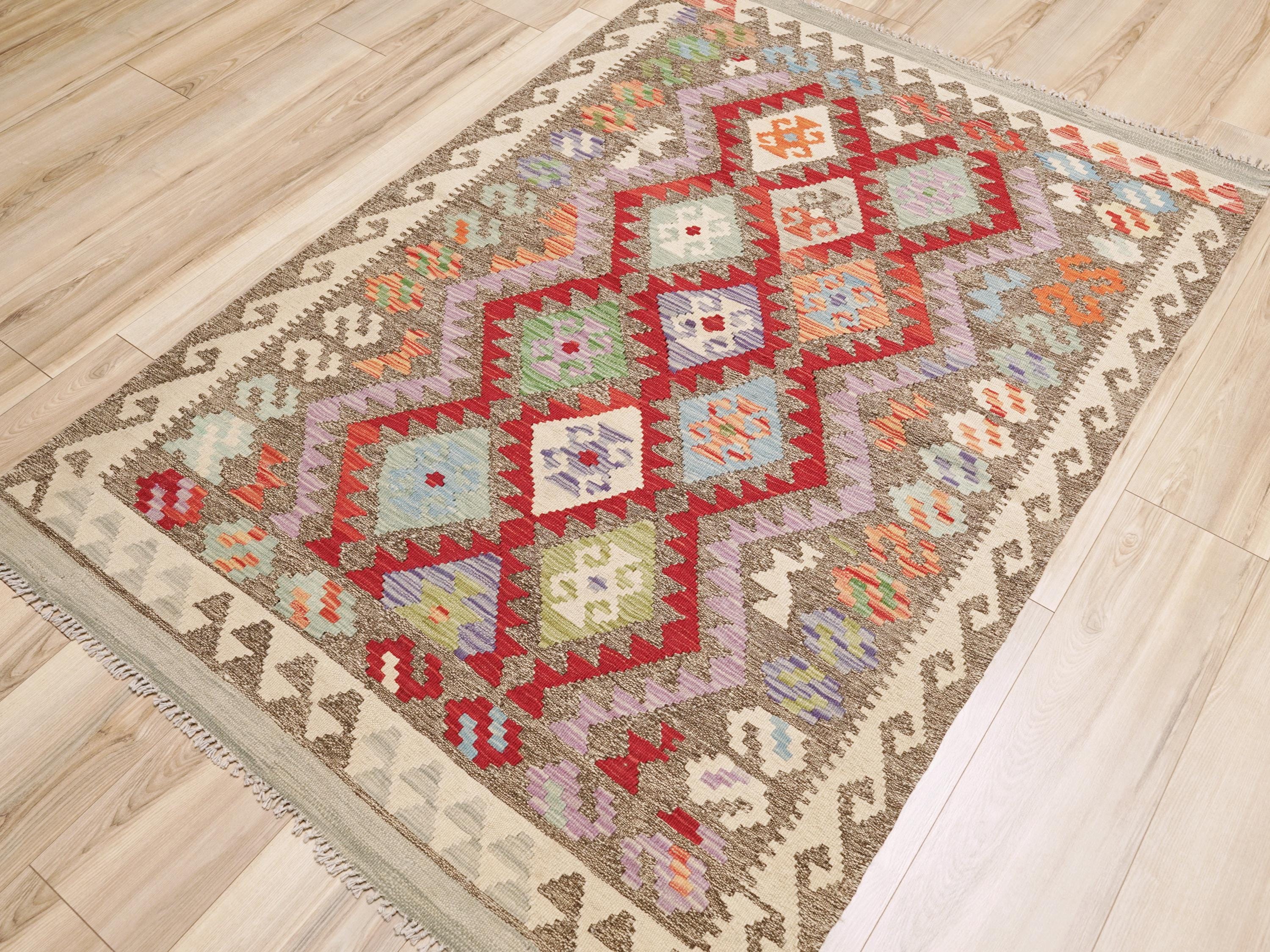 4x6 Ft Red Maimana Kilim Rug - Handwoven Afghan Flat Weave