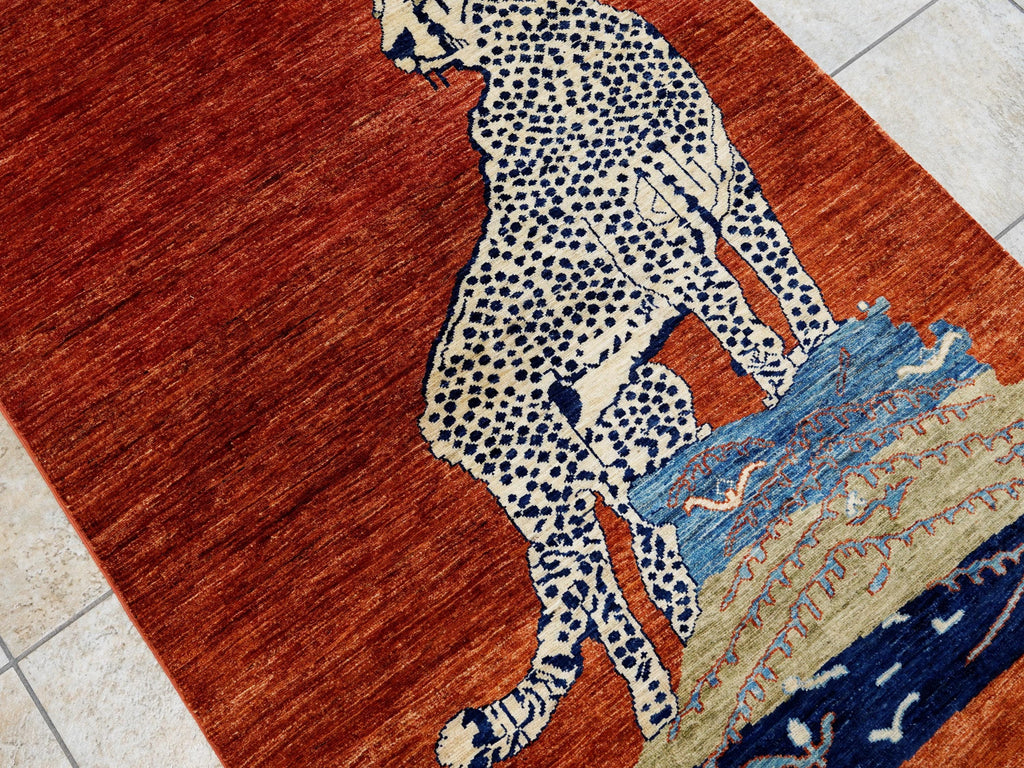 4x6 Ft Red Cheetah Rug - Hand Knotted Oriental Rug
