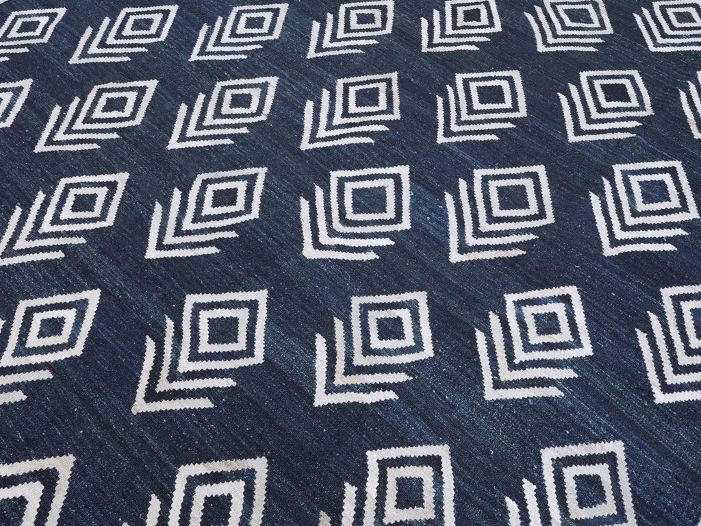 8x10 Ft Dark Blue Kilim Rug - Flat Weave Area Rug - Abstract Design