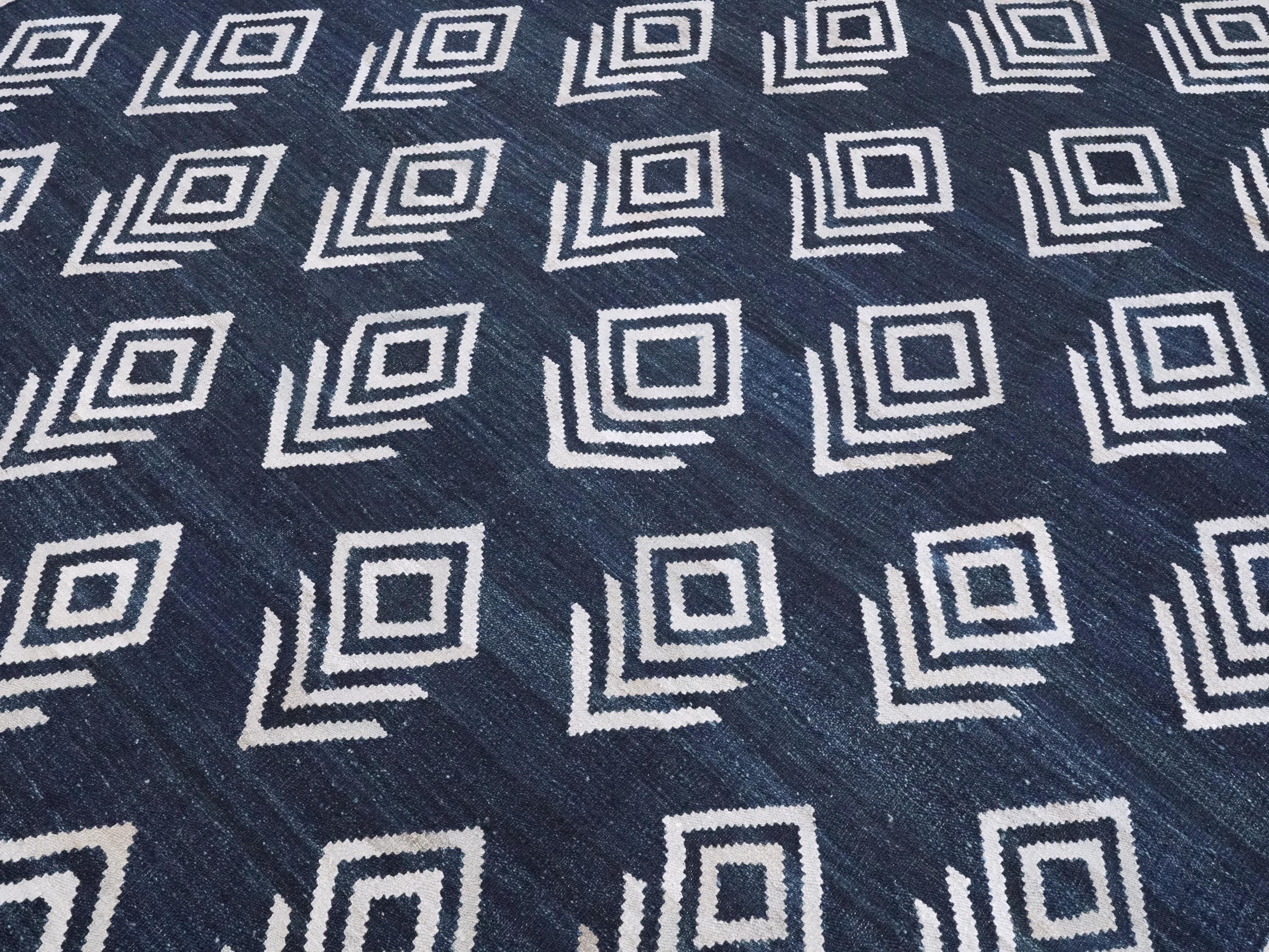 8x10 Ft Dark Blue Kilim Rug - Flat Weave Area Rug - Abstract Design