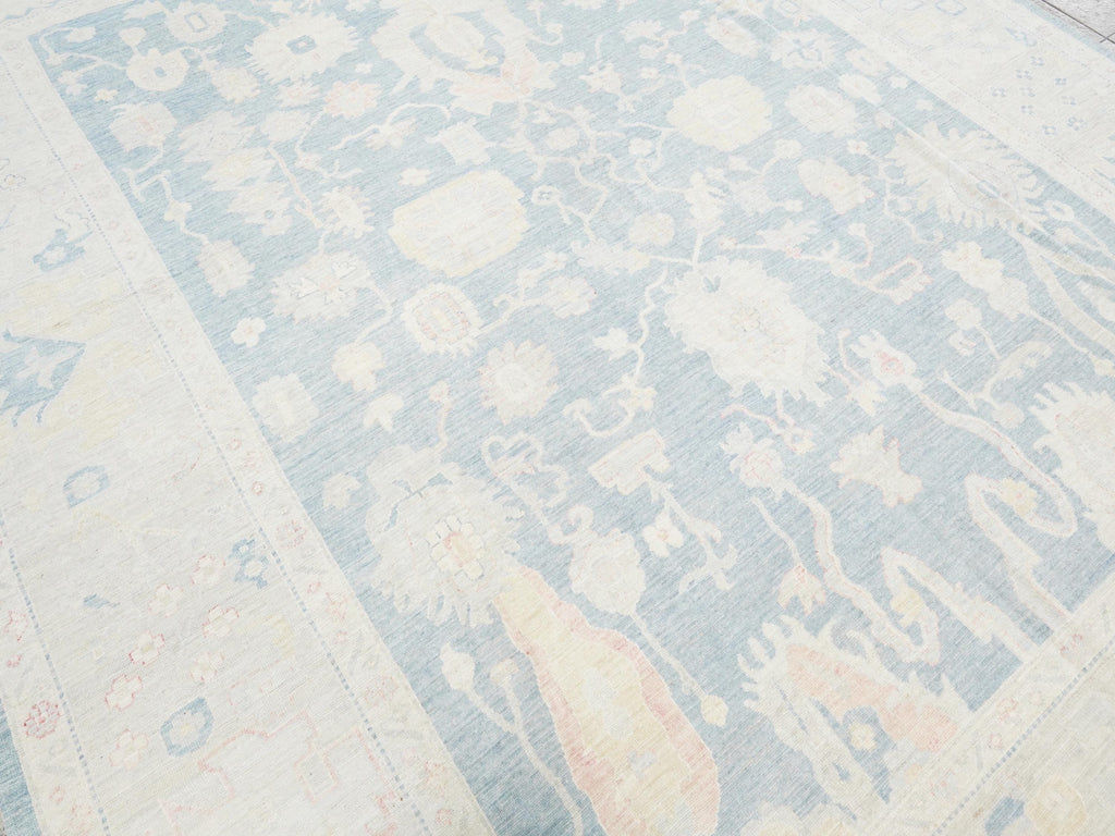 12x15 Ft Muted Ushak Rug - Traditional Wool Area Rug - Blue & White Turkish design
