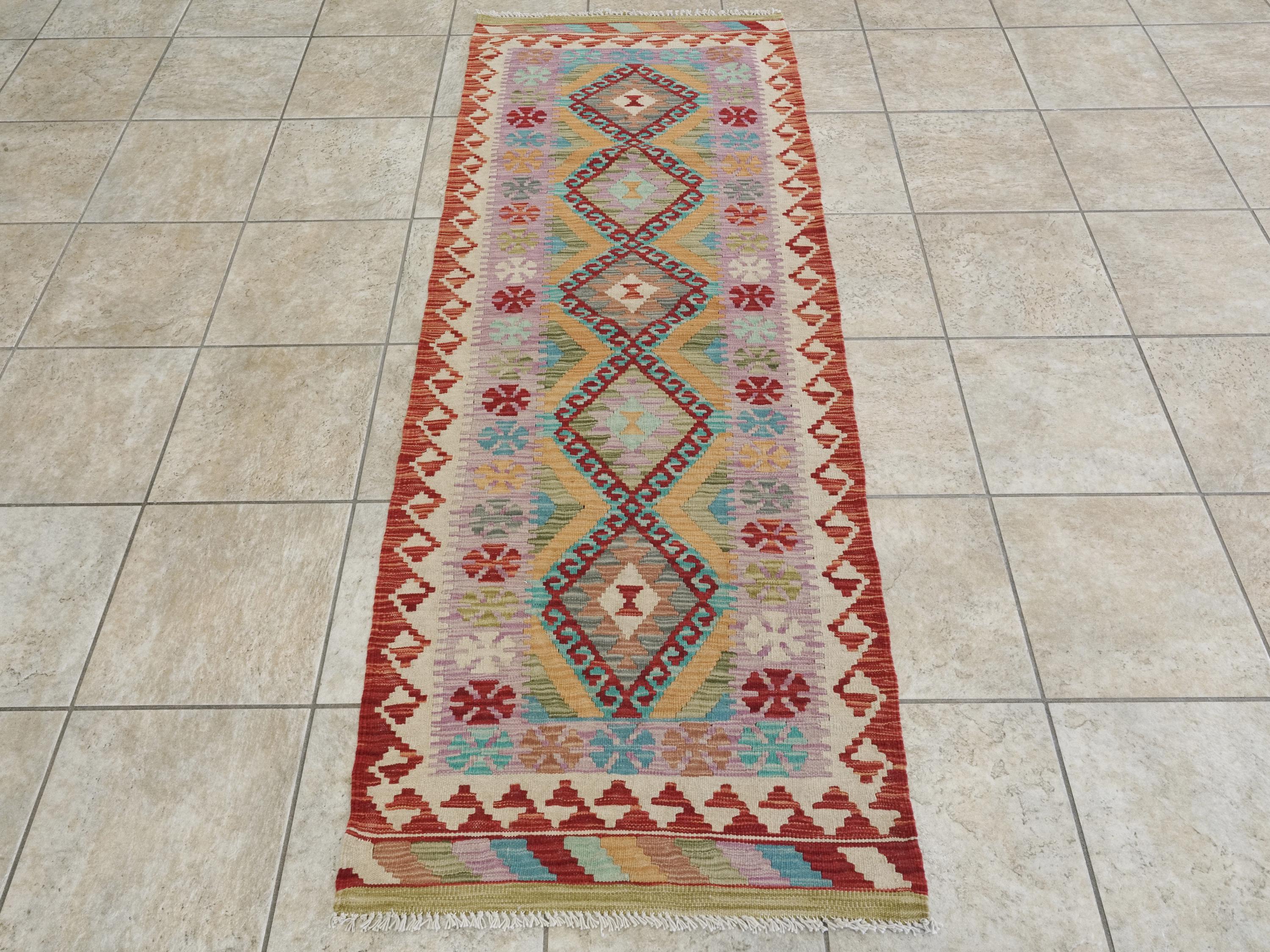 7 Ft Red Kilim Runner Rug - Traditional Flat Weave, Ghazni Wool Rug