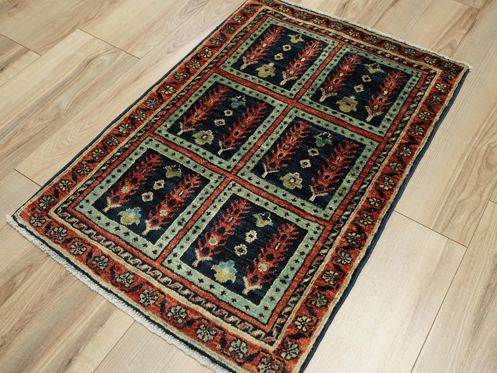 2x3 Ft Handmade Red & Green Heriz Rug - Wool Area Rug