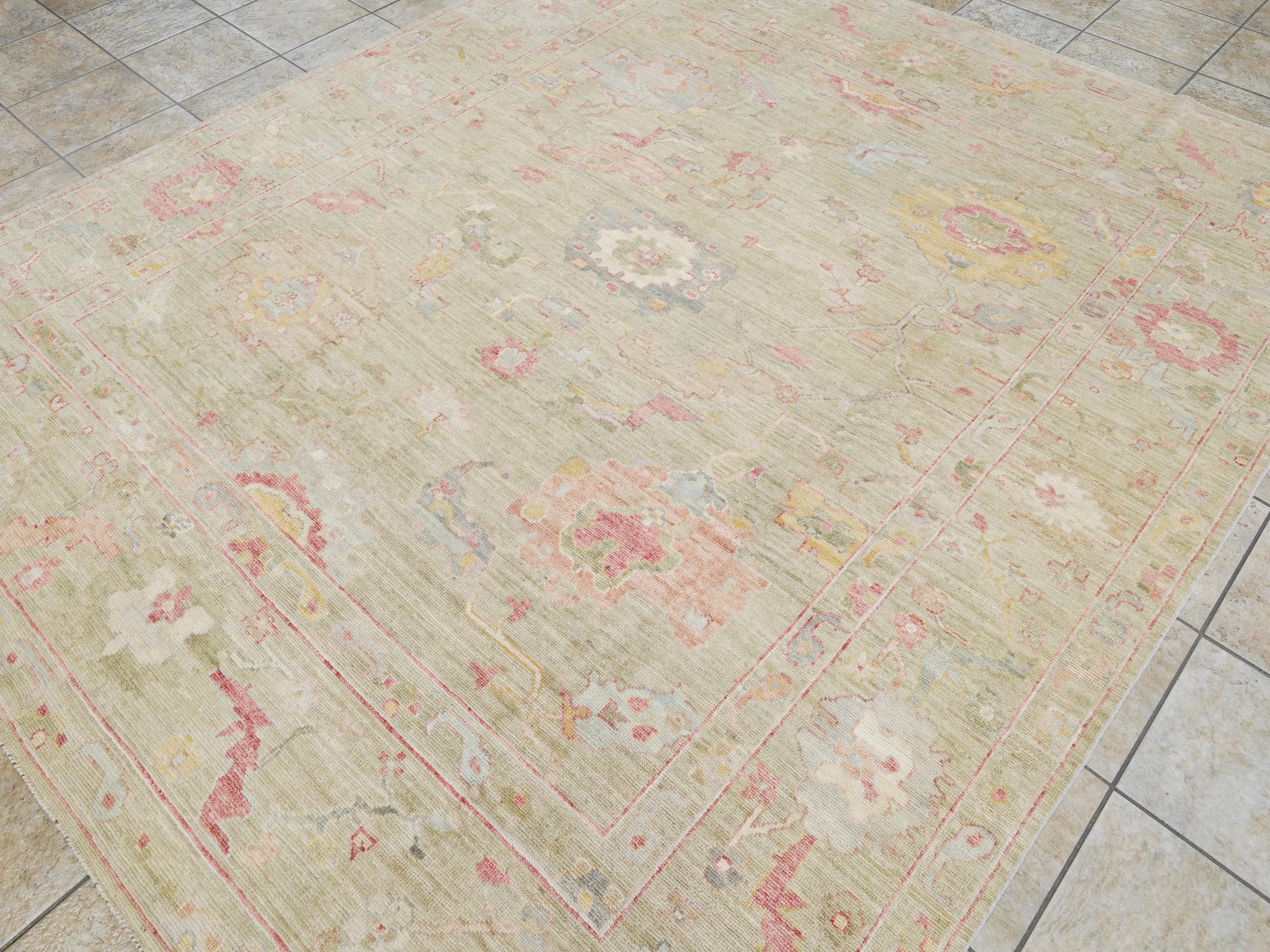 8x10 Ft Light Brown Oushak Rug - Hand Knotted Oriental Rug - Floral Design