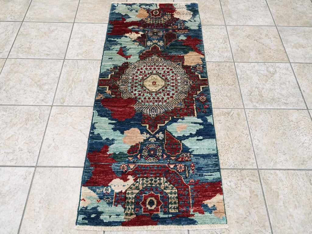 2x5 Ft Blue Mamluk Rug - Hand Knotted Wool Hallway Runner