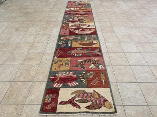 14 Ft Fish Runner Rug - Handmade Wool Runner