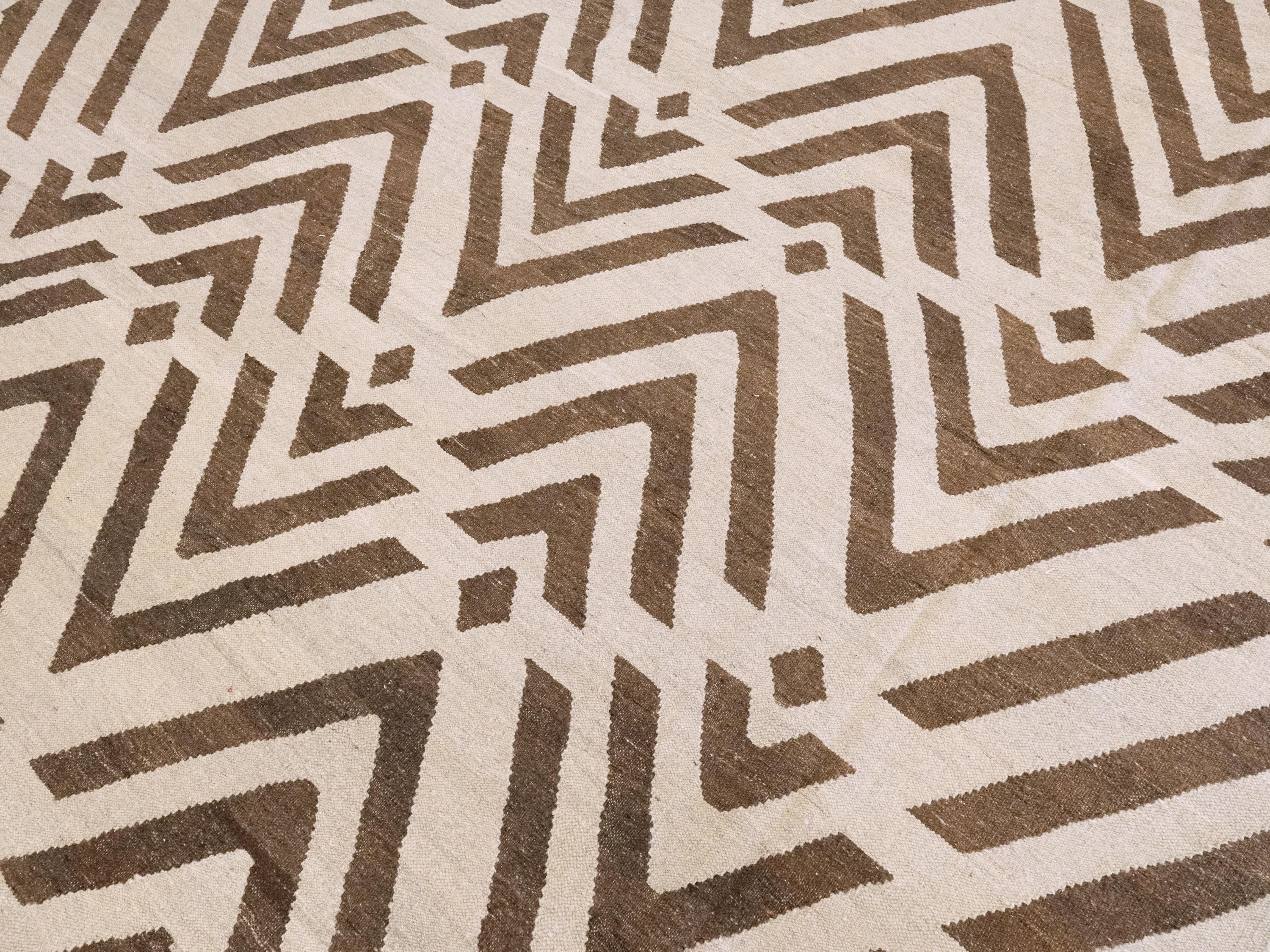 9x12 Ft Brown & Beige Killim Rug - Flat Weave Area Rug