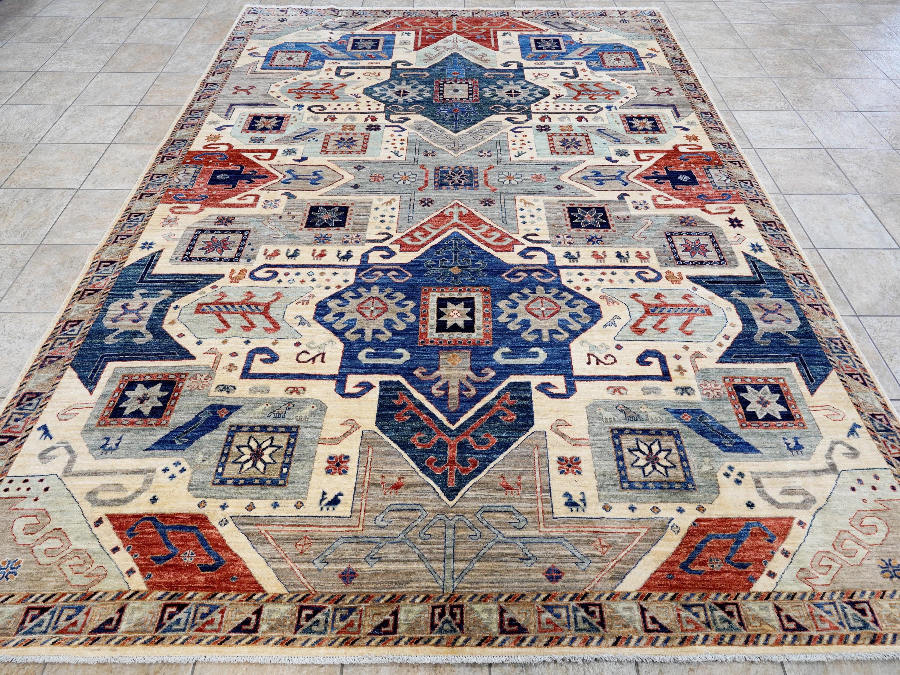 9x12 Ft Beige Heriz Rug - Afghan Oriental Area Rug - Geometric Design
