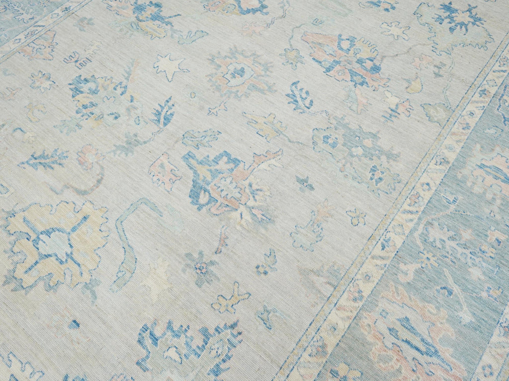 10x14 Ft Muted Blue & Orange Oushak Rug - Hand Knotted Afghan Rug - Turkish Floral Design