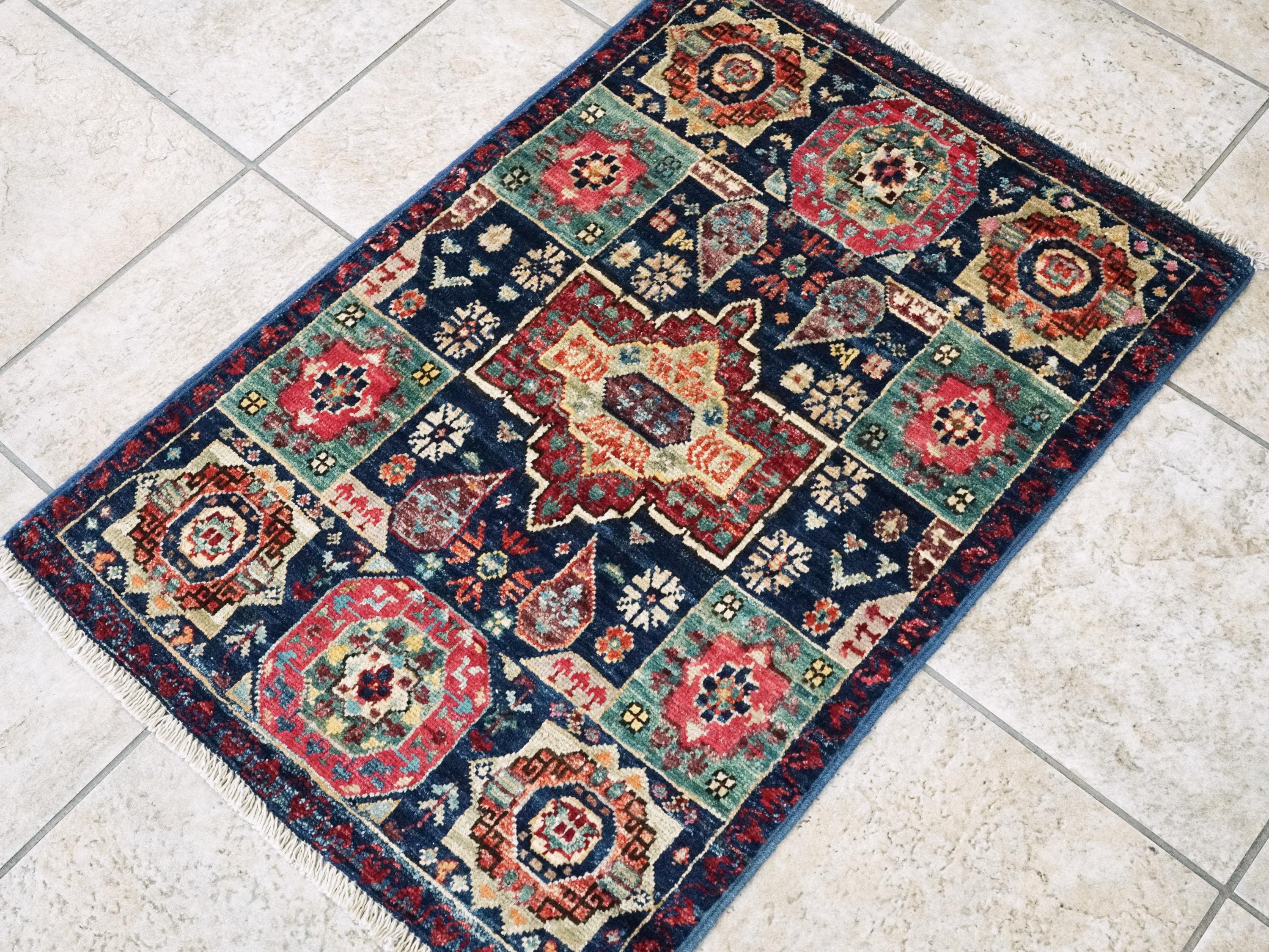 2x3 Ft Hand Knotted Dark Blue Mamluk Rug - Oriental Accent Rug