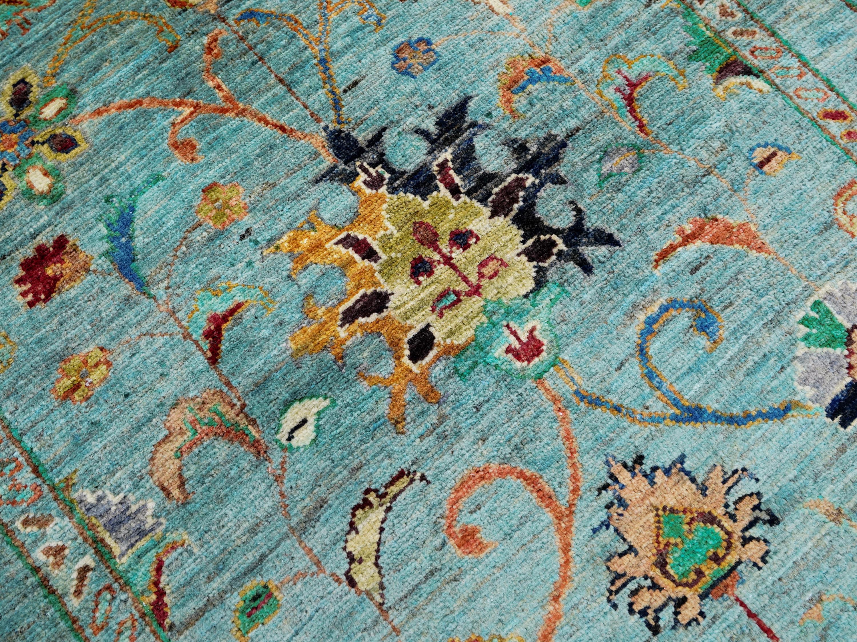 9 Ft Cyan Serapi Runner Rug - Hand Knotted Hallway Rug - Persian Design