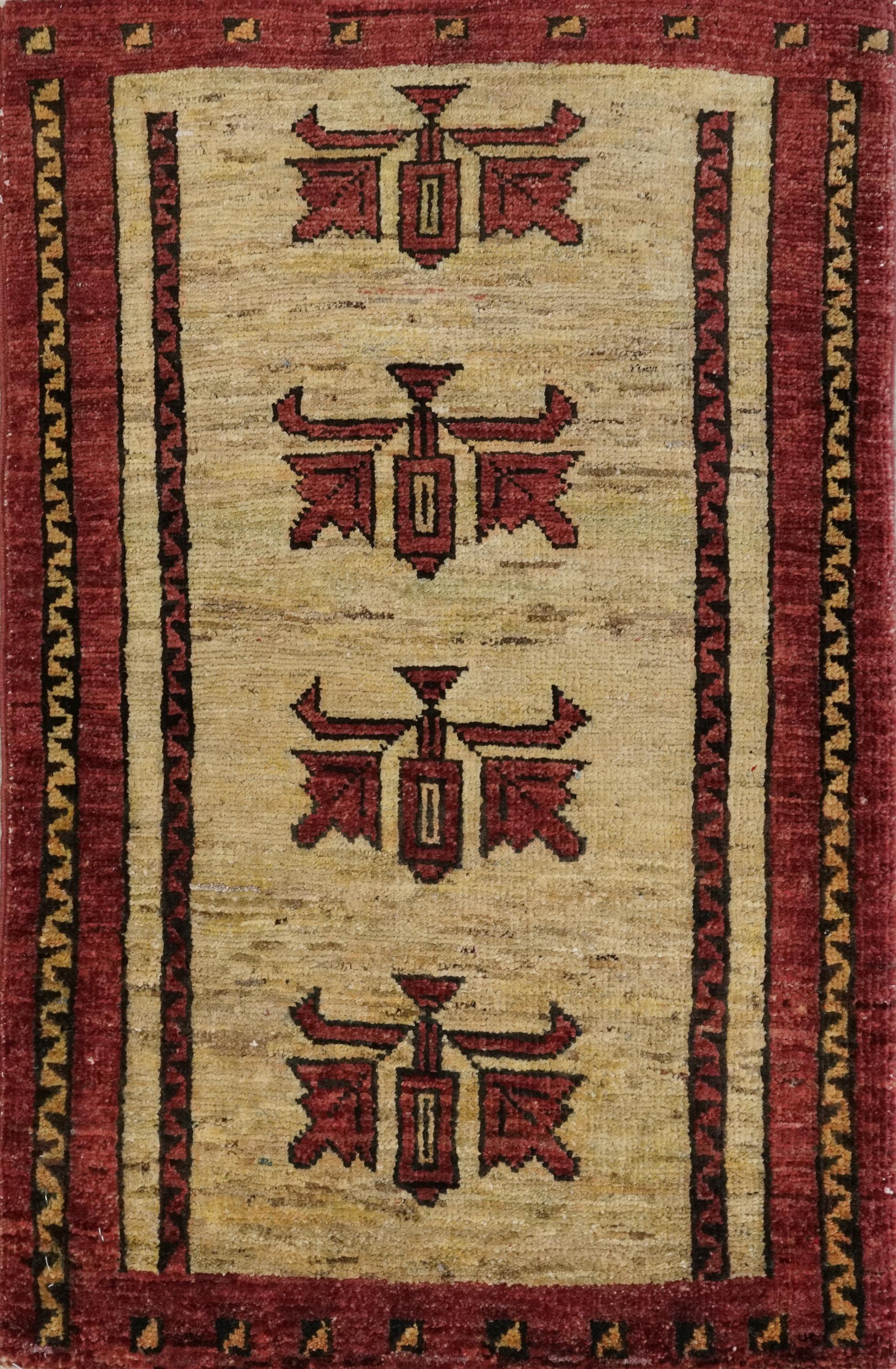 2x3 Ft Hand Knotted Wool Gabbeh Rug - Beige & Red Tribal Doormat