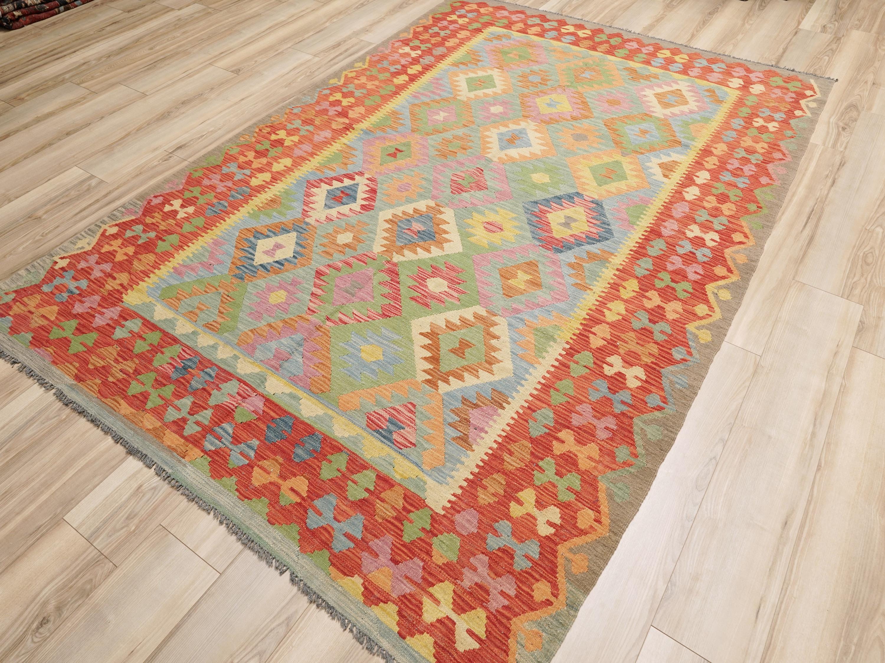 7x10 Ft Red Maimana Kilim Rug - Tribal Flat Weave