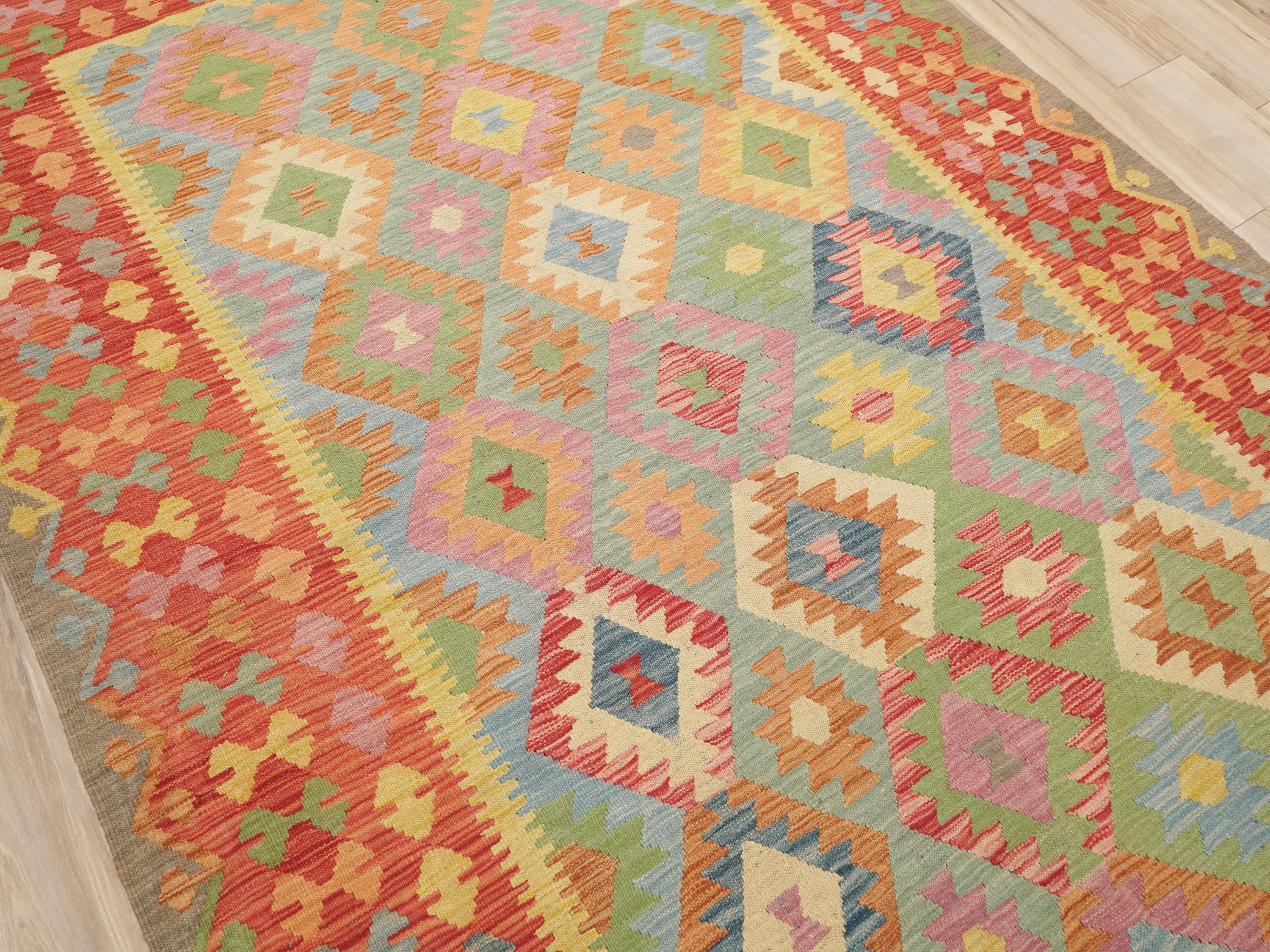 7x10 Ft Red Maimana Kilim Rug - Tribal Flat Weave