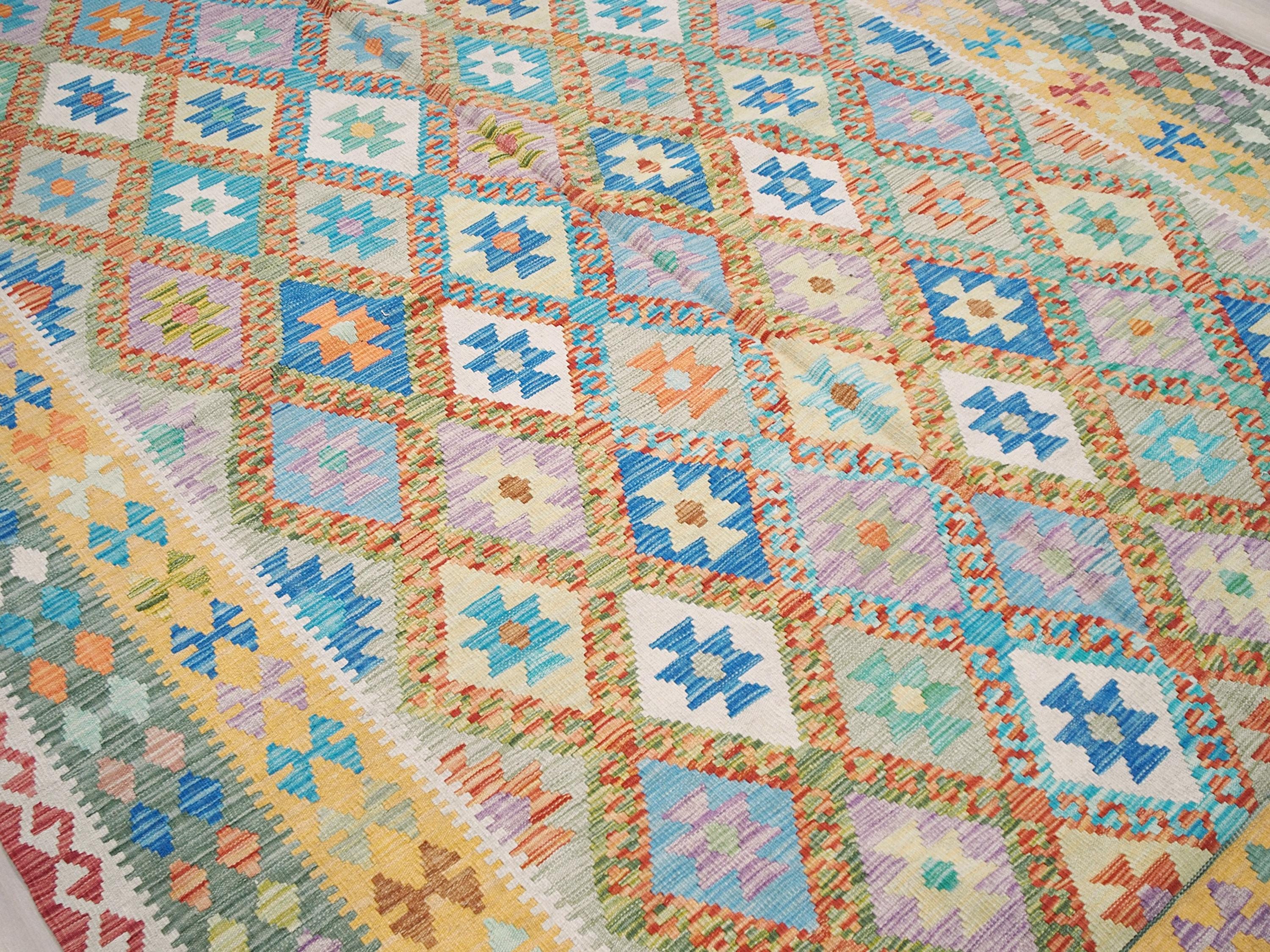 7x10 Ft Maimana Kilim Rug - Green & Blue Flat Weave Tribal Rug