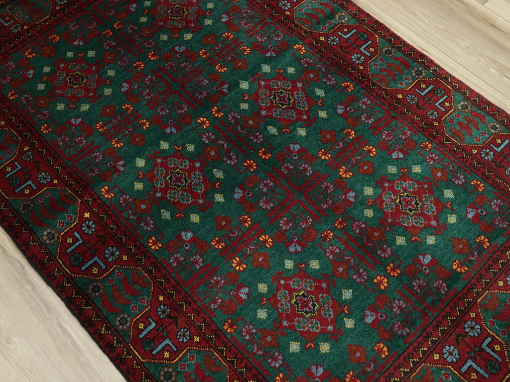 3x5 Ft Green Ersari Rug - Hand Knotted Oriental Area Rug - Turkmen Design