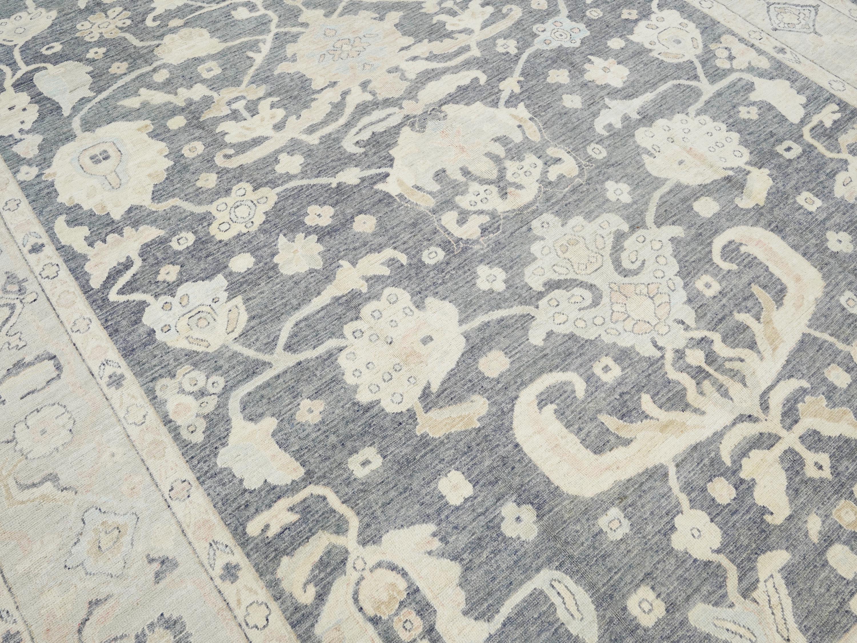 10x14 Ft Light Black Oushak Rug - Hand Knotted Afghan Rug - Turkish Floral Design