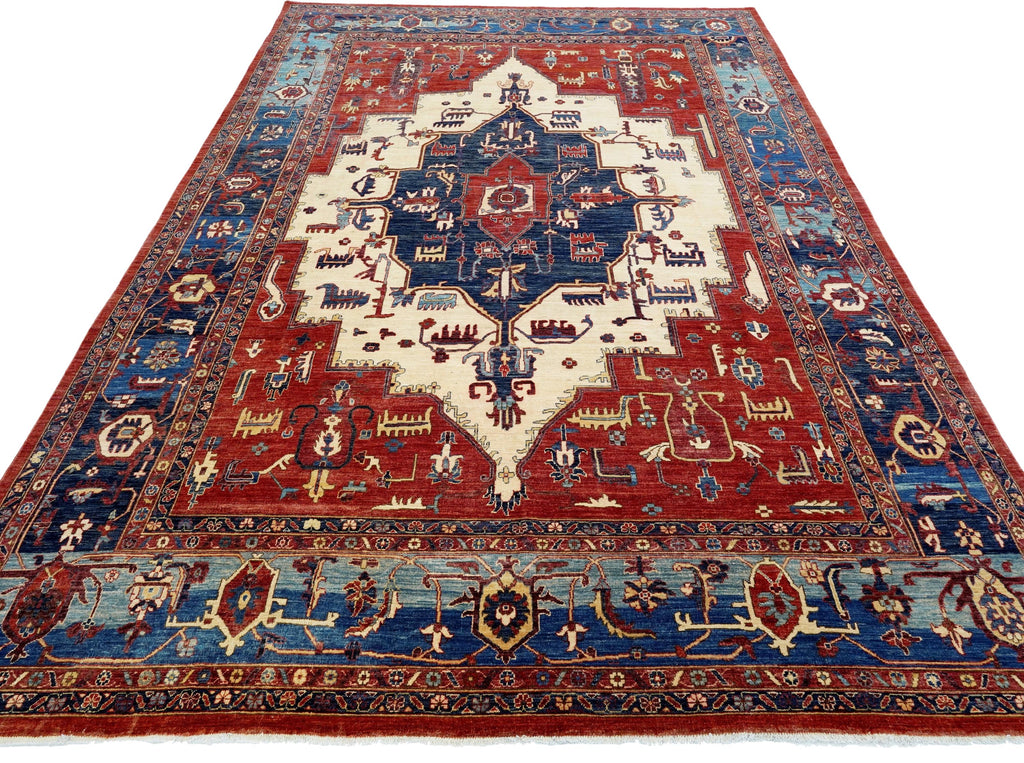 9x12 Ft Red & Blue Serapi Rug - Hand Knotted Antique Rug - Persian Design
