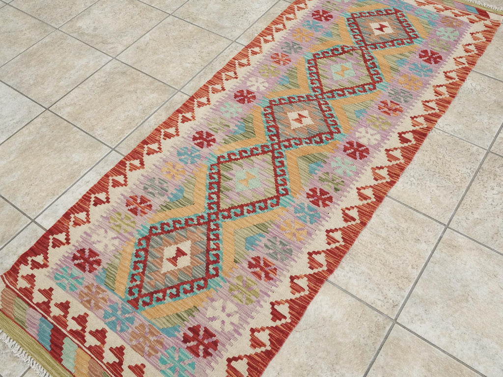 7 Ft Red Kilim Runner Rug - Traditional Flat Weave, Ghazni Wool Rug
