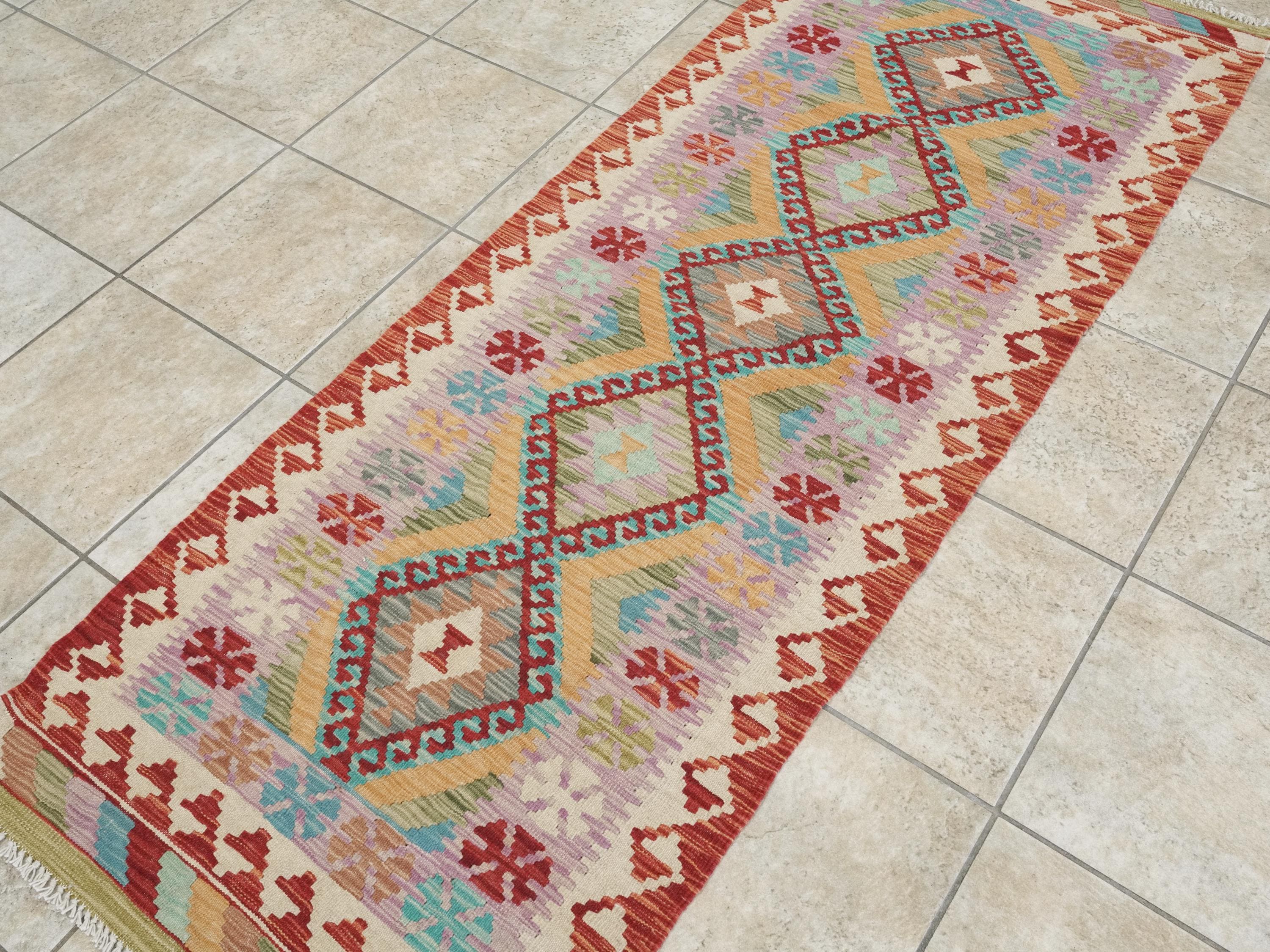 7 Ft Red Kilim Runner Rug - Traditional Flat Weave, Ghazni Wool Rug