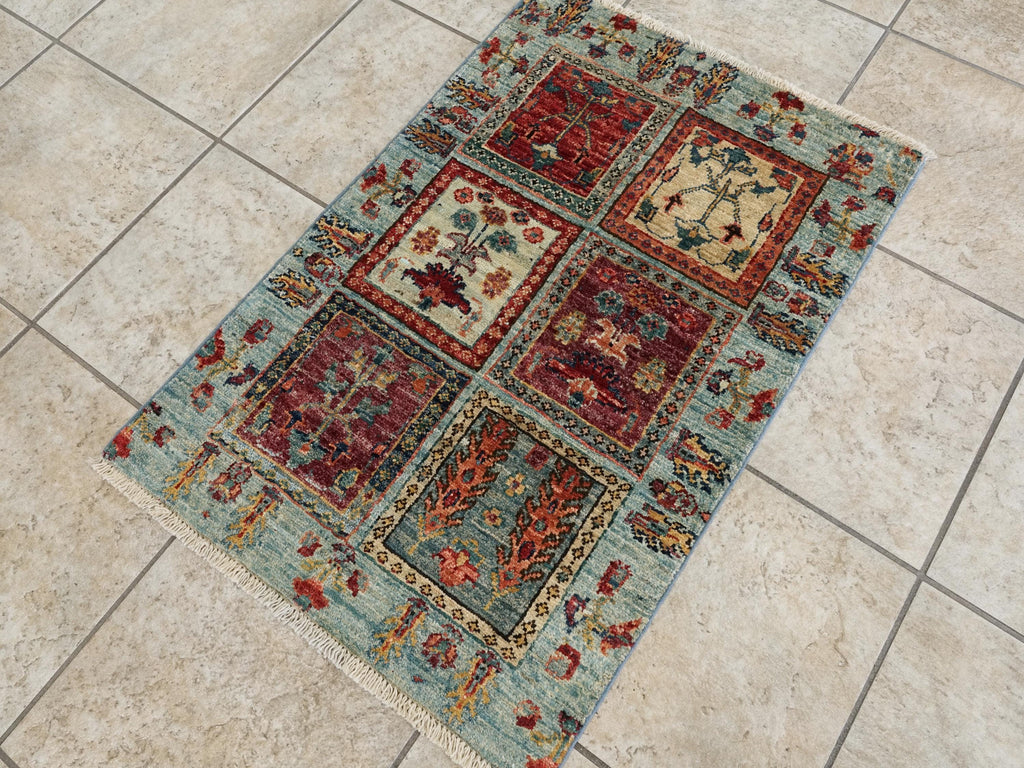 2x3 Ft Handmade Afghan Heriz Rug - Blue Wool Small Accent Rug