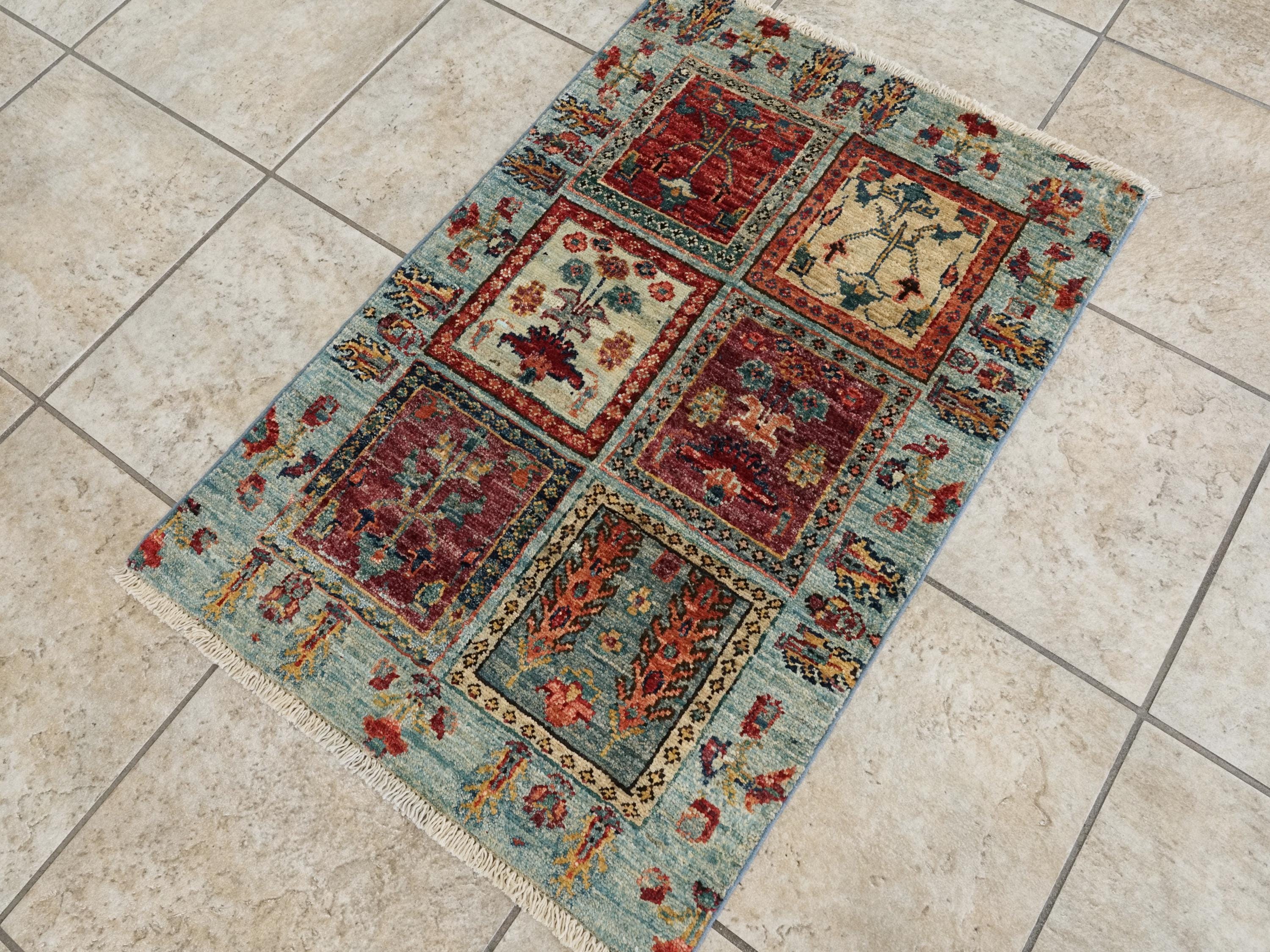 2x3 Ft Handmade Afghan Heriz Rug - Blue Wool Small Accent Rug