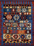 5x7 Ft Blue & Red Kilim Rug - Handwoven Afghan Flat Weave - Tribal Design