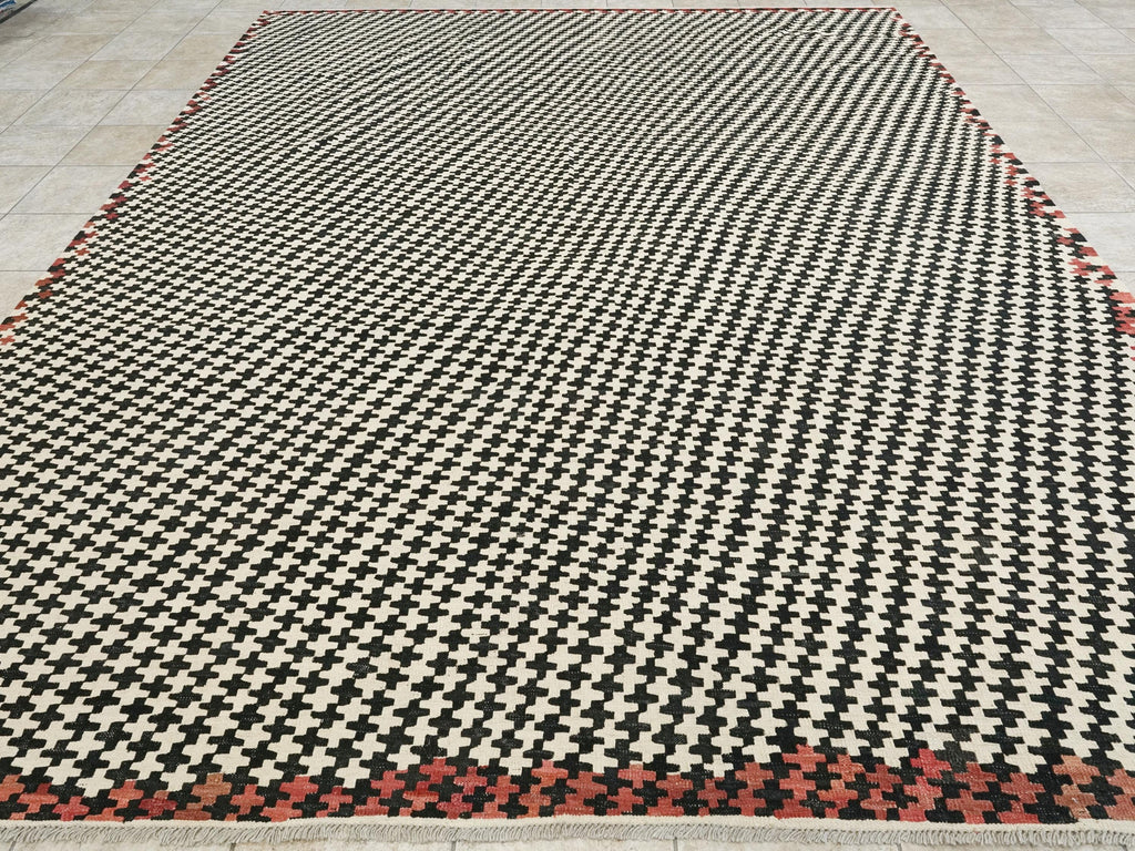 10x13 Ft Black & Beige Kilim Rug - Handmade Afghan Flatweave