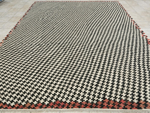 10x13 Ft Black & Beige Kilim Rug - Handmade Afghan Flatweave