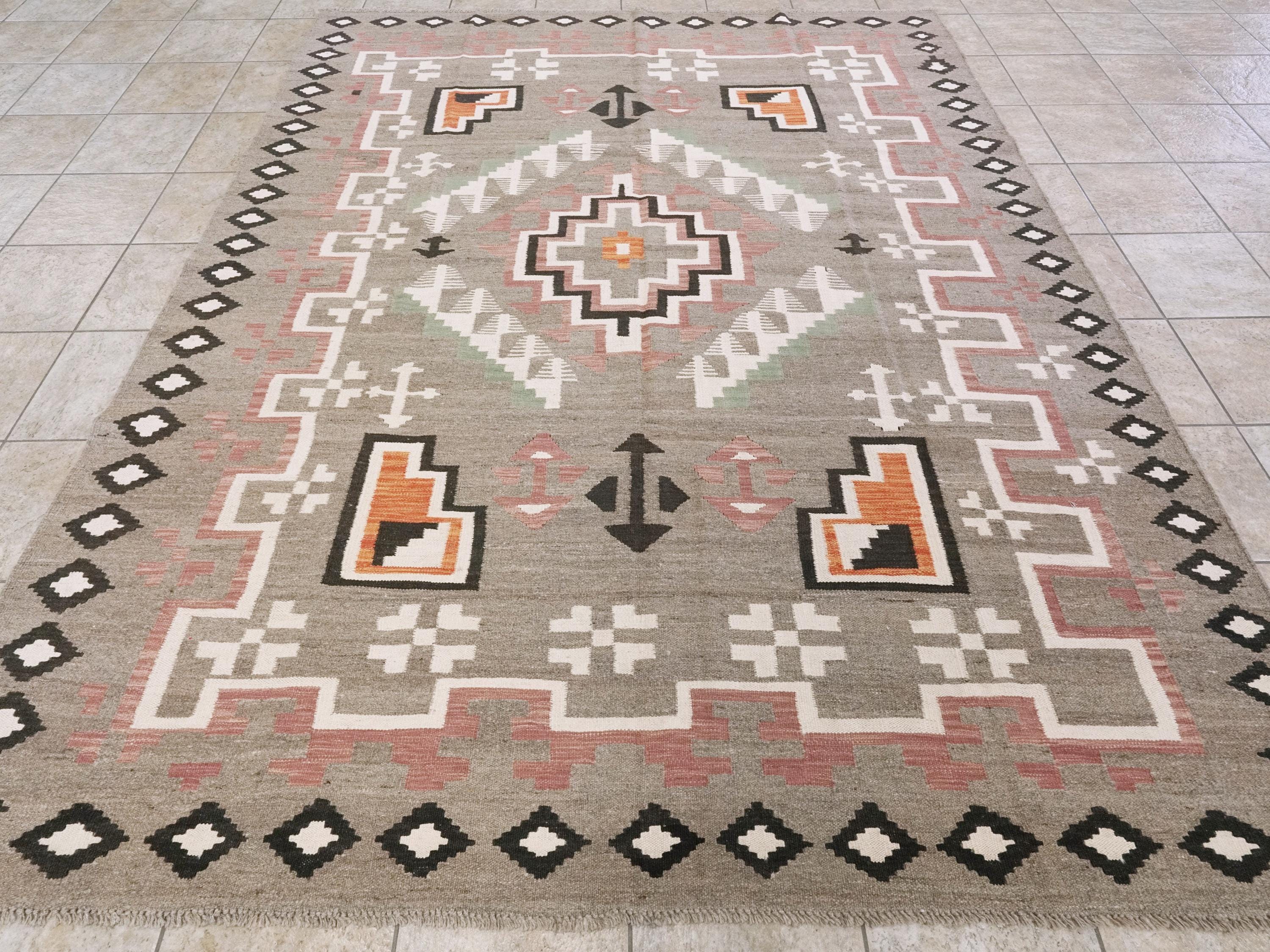 8x10 Ft Red & Green Navajo Rug - Flat Weave Tribal Rug
