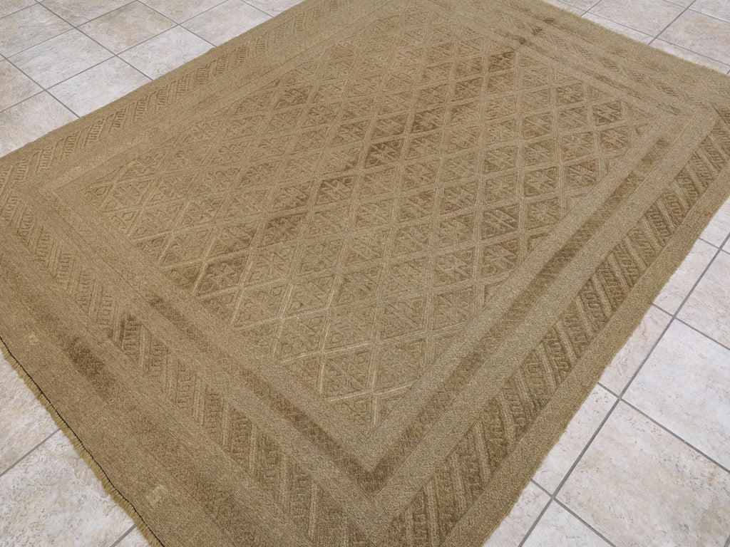 6x9 FT Hand Knotted Wool Kilim Rug - Dark Brown Tribal Design