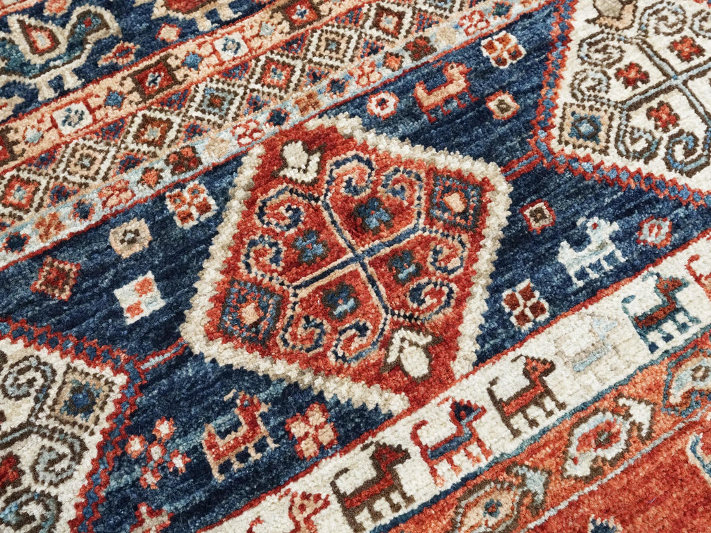 5x7 Ft Red & Blue Heriz Rug - Handmade Area Rug - Geometric Design