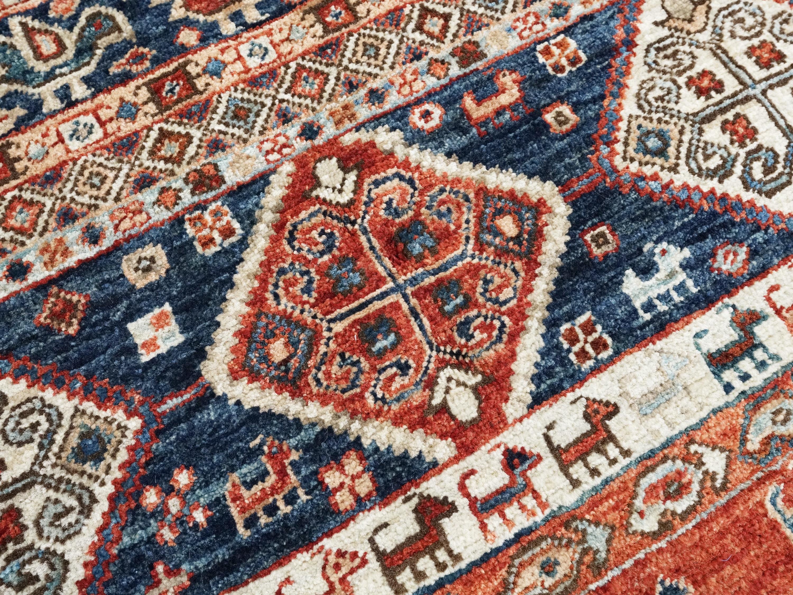 5x7 Ft Red & Blue Heriz Rug - Handmade Area Rug - Geometric Design