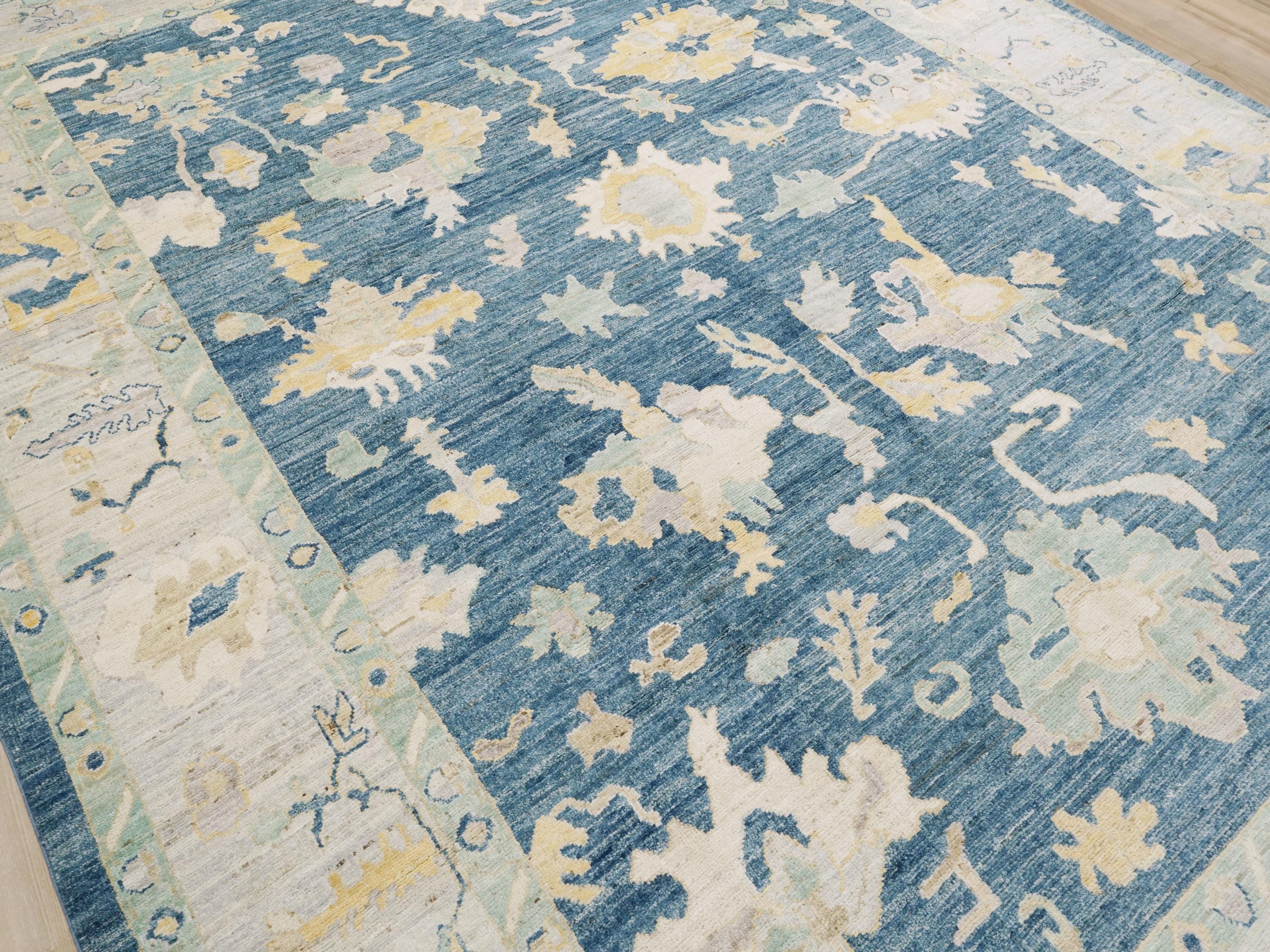 9x12 Ft Hand Knotted Oushak Rug - Blue Handmade Area Rug - Floral Design
