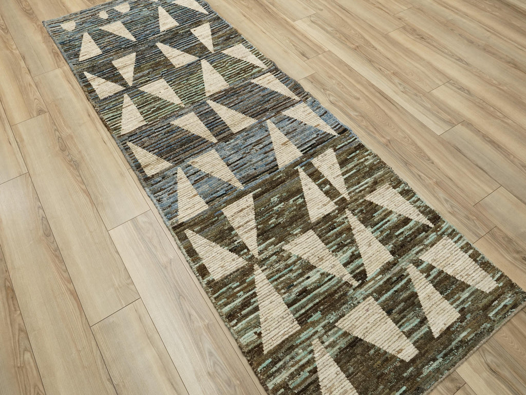 10 Ft White & Blue Handmade Moroccan Runner Rug - Contemporary Design