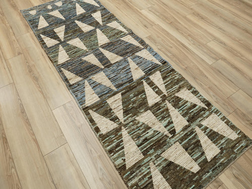 10 Ft White & Blue Handmade Moroccan Runner Rug - Contemporary Design